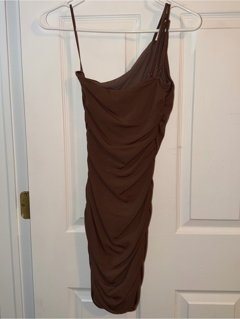Princess Polly Reece One-Shoulder Ruched Brown Mini Dress - Picture 4 of 8